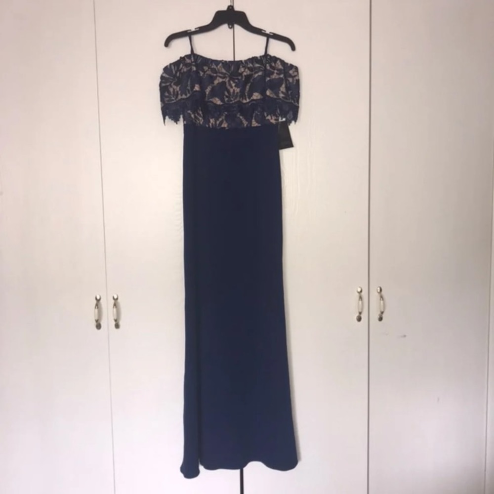 SOLD 2 Aidan Mattox Off Shoulder Blue Lace Gown - Picture 4 of 6